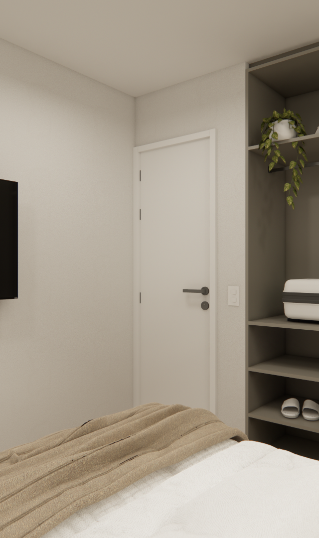 Render 3D de quarto pequeno com tv, guarda-roupa cinza aberto, porta branca e tons neutros com iluminação difusa