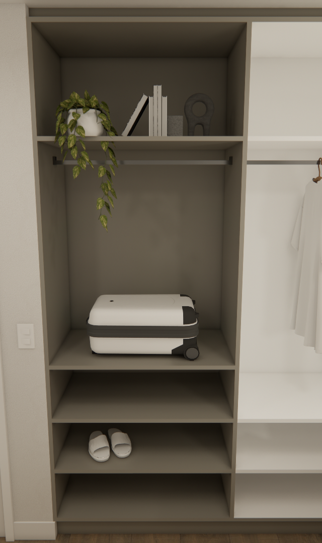 Render 3D de guarda-roupa planejado com divisórias abertas em tons de cinza e branco, prateleiras, cabideiro e decoração