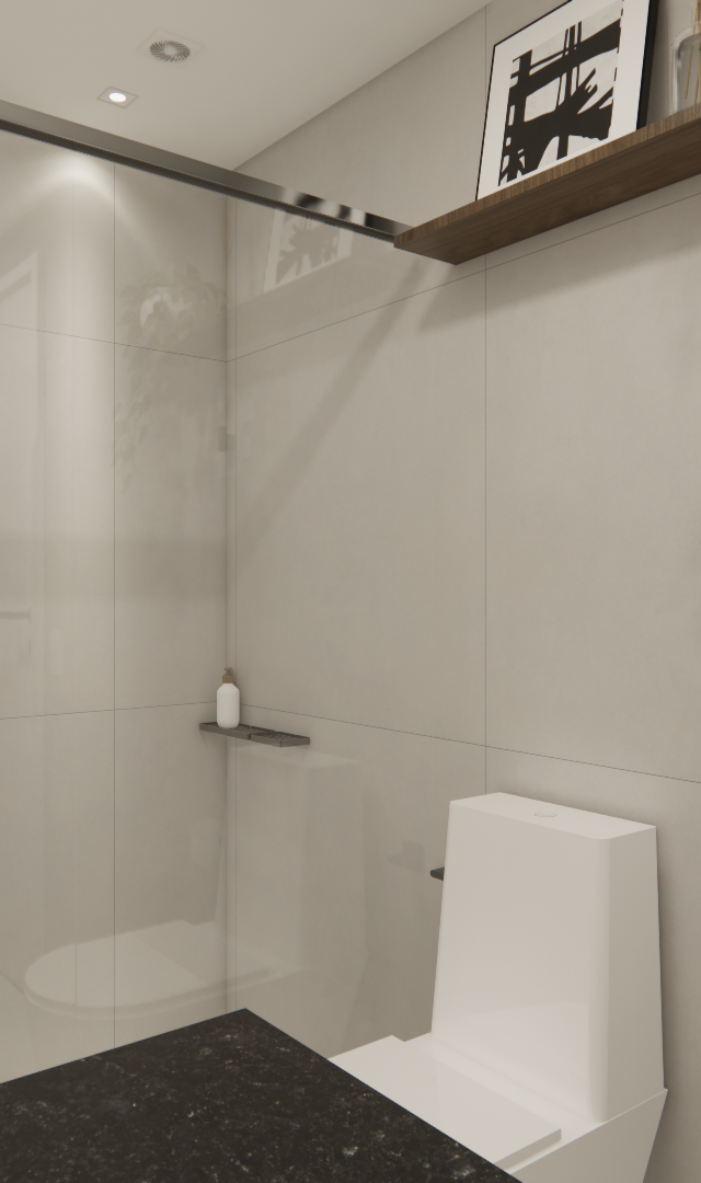Render 3D de banheiro moderno no Fortune Residence com revestimento cinza, box de vidro, prateleira em madeira e iluminação