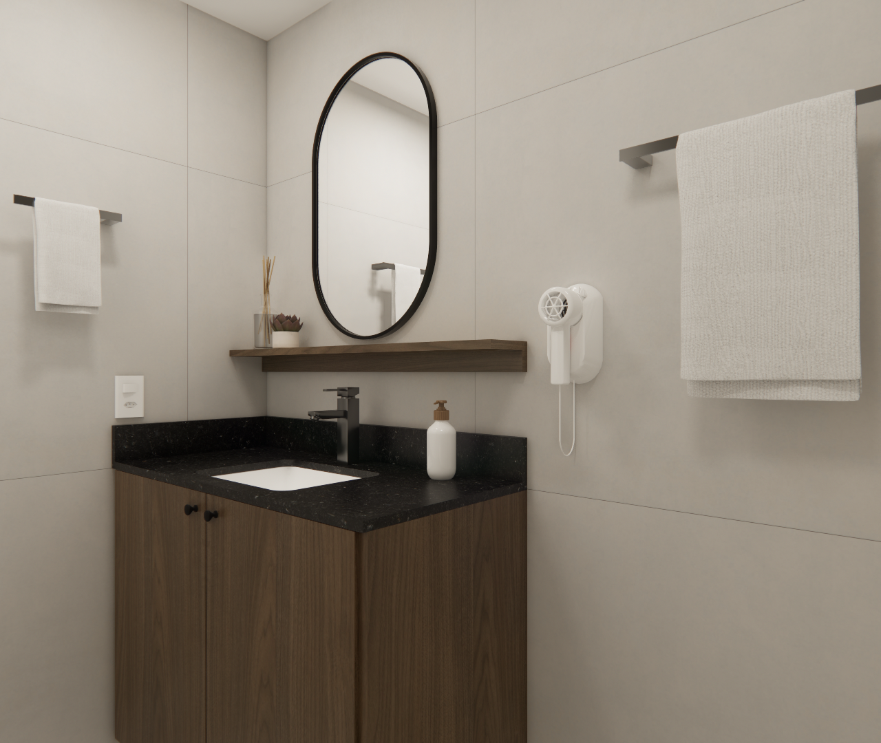 Render 3D de banheiro moderno no Fortune Residence com móvel amadeirado, tampo preto, espelho oval e iluminação neutra