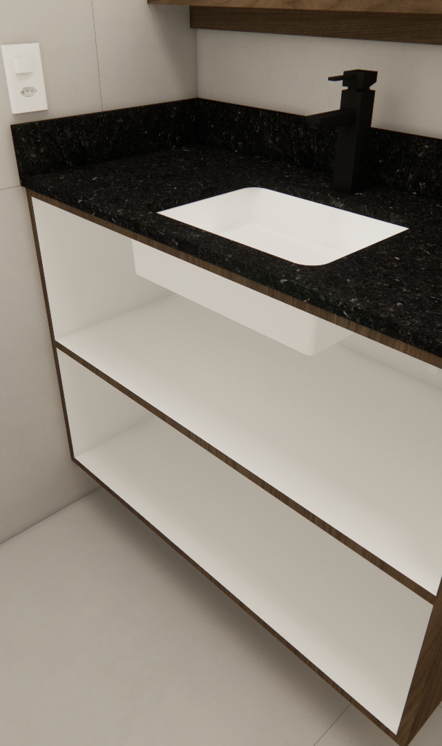Render 3D de banheiro com marcenaria amadeirada, nichos brancos, bancada de granito preto, cuba branca e torneira preta