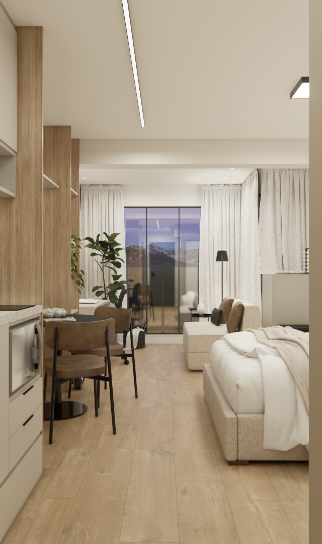 Render 3D de estúdio compacto em Higienópolis com cozinha integrada, marcenaria em tons neutros, madeira e luz indireta