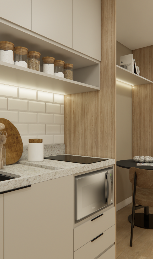 Render 3D de cozinha compacta com marcenaria bege e amadeirada, bancada em granilite, azulejo branco e iluminação embutida
