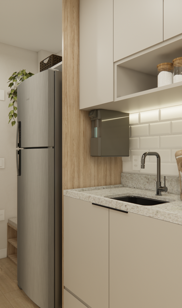 Render 3D de cozinha compacta em Higienópolis com armários beges, bancada clara, revestimento tipo tijolinho e luz indireta