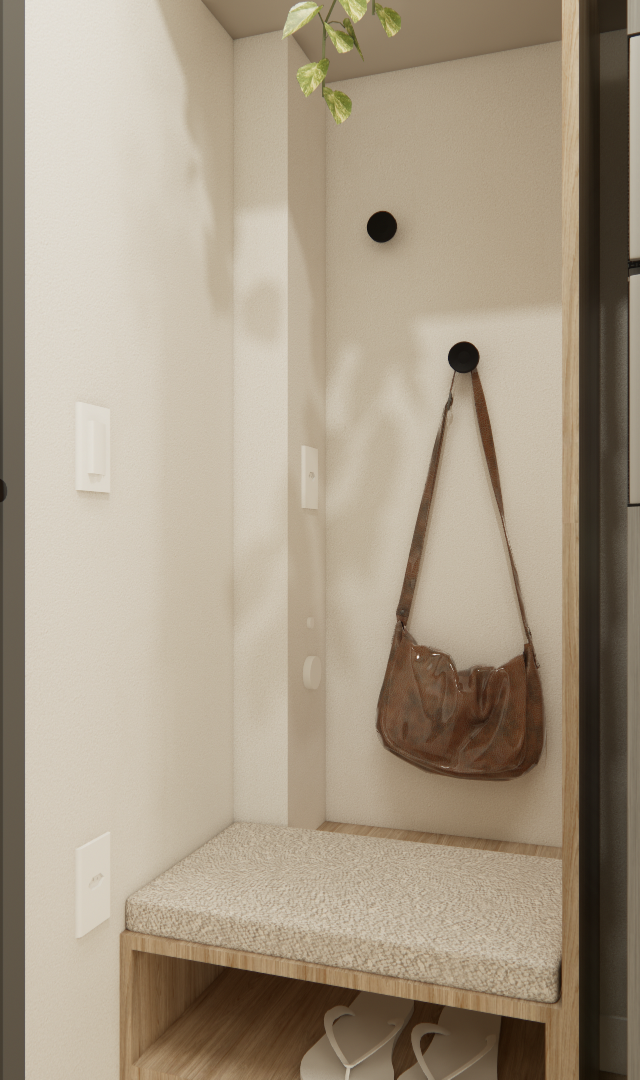 Render 3D de hall de entrada em apartamento com marcenaria em madeira, banco estofado, ganchos pretos e geladeira metálica