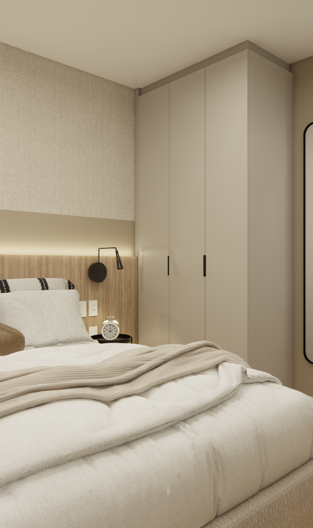Render 3D de quarto pequeno com cama, marcenaria em tons neutros, cabeceira amadeirada, espelho e iluminação indireta quente