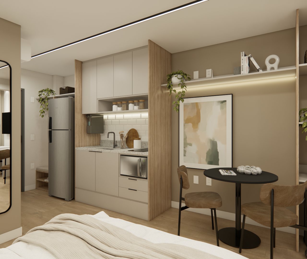 Render 3D de estúdio em Higienópolis com kitchenette bege, marcenaria em madeira, mesa preta e iluminação linear suave