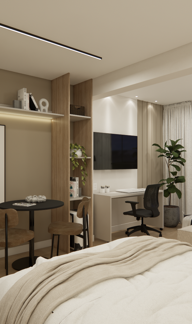 Render 3D de estúdio em Higienópolis com tons neutros, cozinha compacta, mesa de jantar, home office e cama integrada