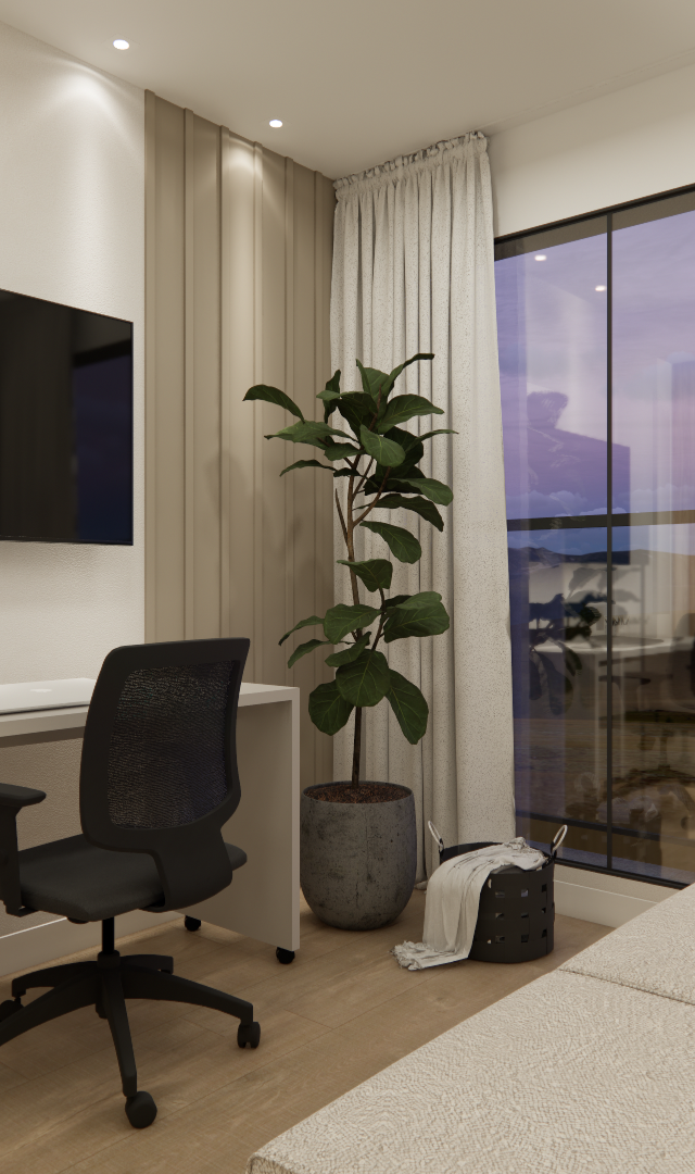 Render 3D de home office integrado com sofá, tons neutros, marcenaria clara, planta, piso amadeirado e iluminação suave