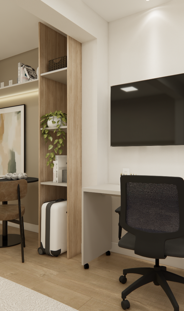 Render 3D de estúdio no Aria Higienópolis com marcenaria em madeira, mesa de jantar, home office e tons neutros claros