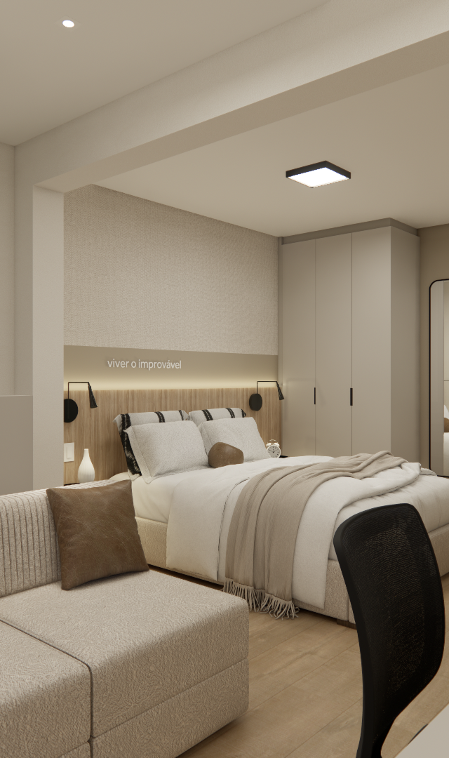 Render 3D de estúdio em Higienópolis com tons neutros, sofá, cama de casal, mesa de trabalho e iluminação embutida suave
