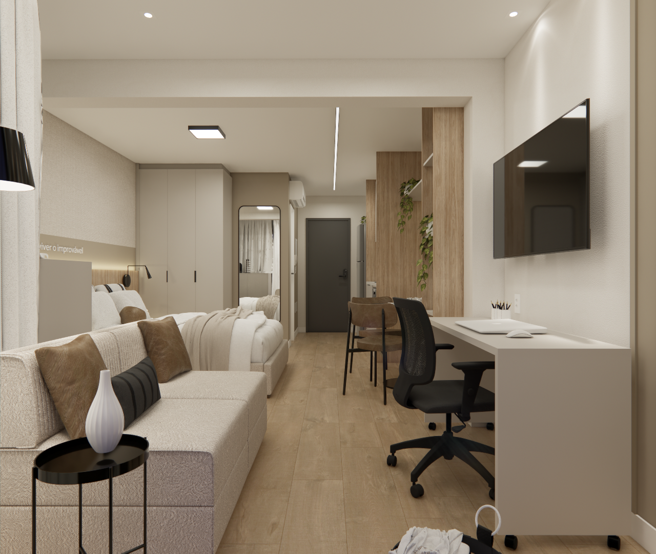 Render 3D de estúdio em Higienópolis com tons neutros, sofá, cama, home office, marcenaria em madeira e iluminação embutida
