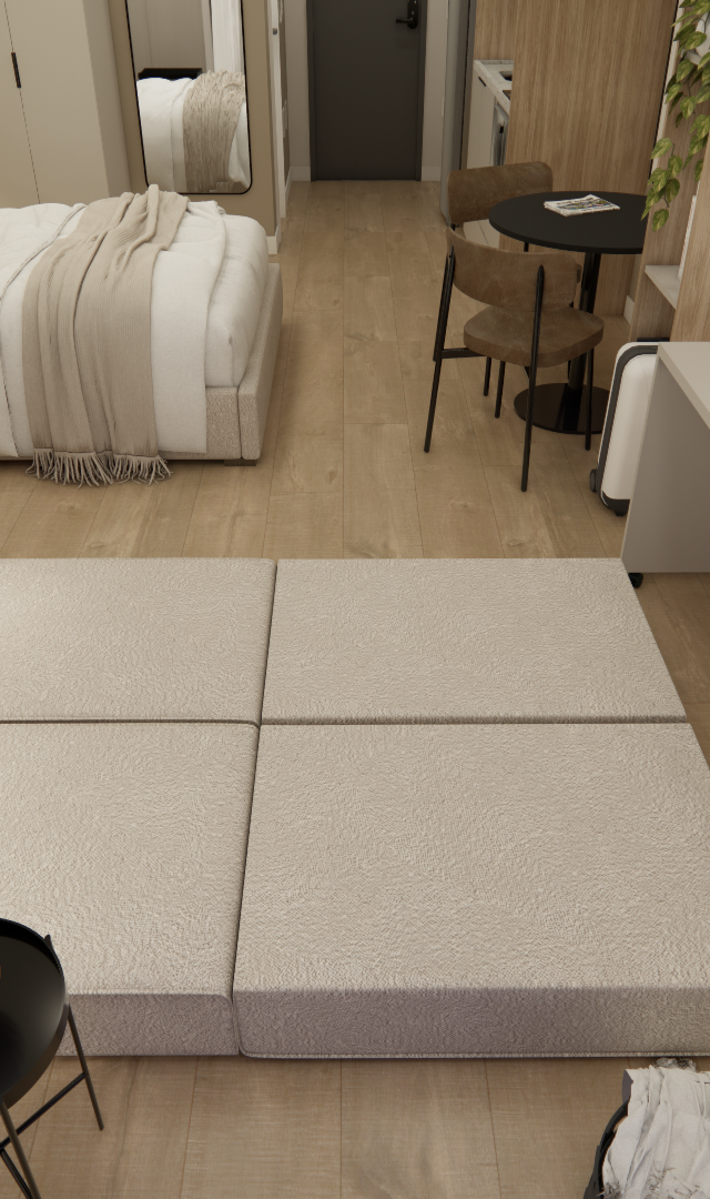 Render 3D de estúdio compacto em Higienópolis com tons neutros, marcenaria em madeira, cama, mesa de jantar e escritório