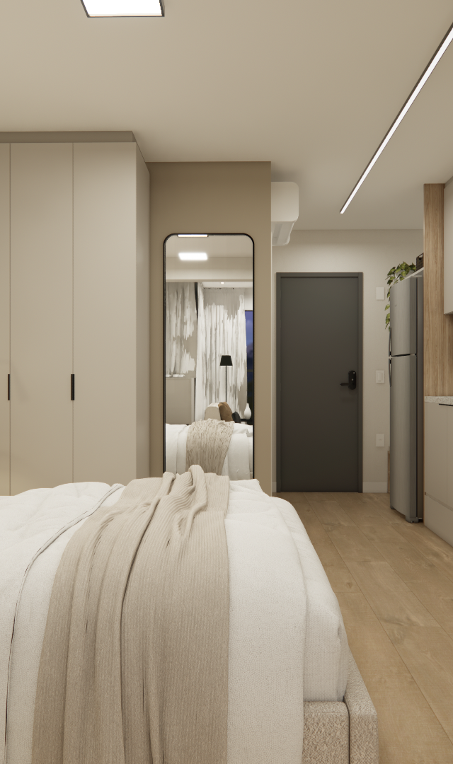 Render 3D de estúdio de 31 m² com tons neutros, cama de casal, armário, cozinha compacta em madeira e mesa com cadeiras