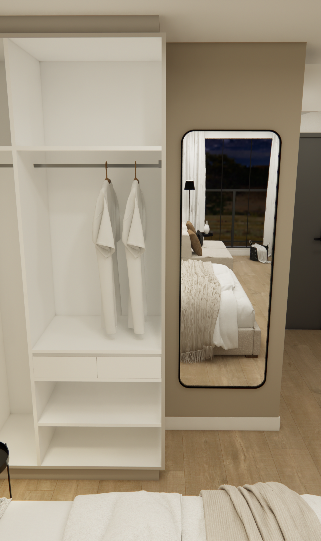 Render 3D de estúdio compacto com quarto e cozinha integrados, tons neutros, marcenaria planejada e iluminação embutida