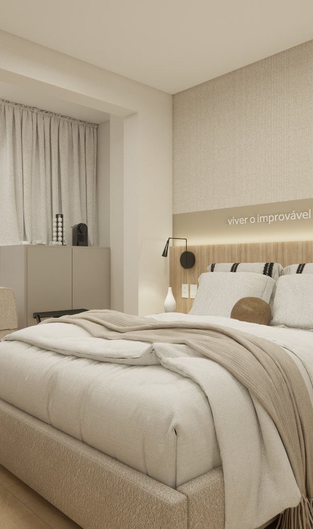 Render 3D de quarto em tons neutros com cama, cabeceira de madeira, sofá, cortinas, iluminação indireta e piso de madeira