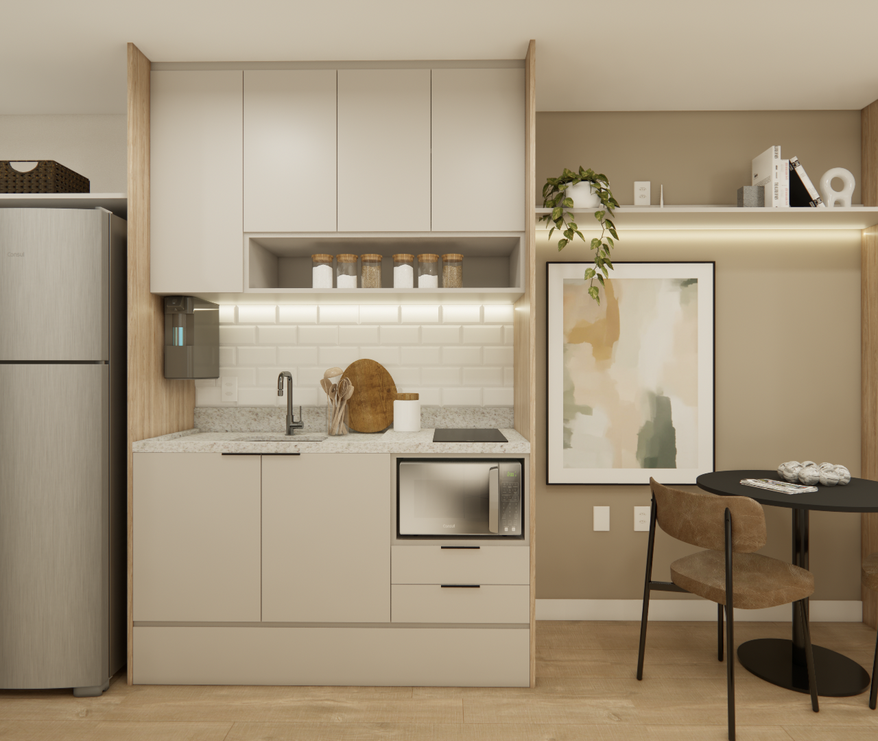 Render 3D de cozinha compacta em tons bege e madeira com marcenaria planejada, geladeira inox e mesa de jantar redonda
