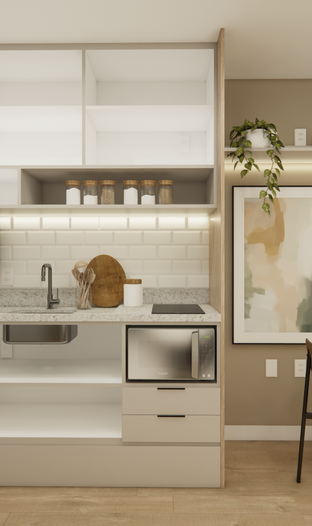 Render 3D de cozinha compacta com marcenaria em tons claros e amadeirados, azulejos brancos e mesa de jantar redonda