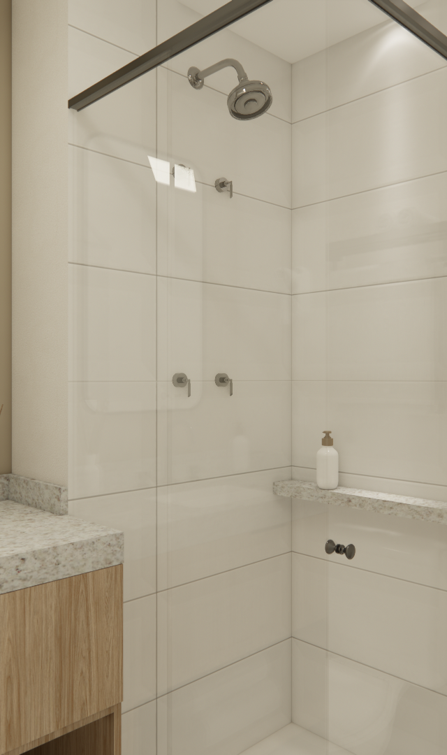 Render 3D de banheiro compacto com marcenaria em madeira, bancada de granilite, espelho retangular e box de vidro transparente
