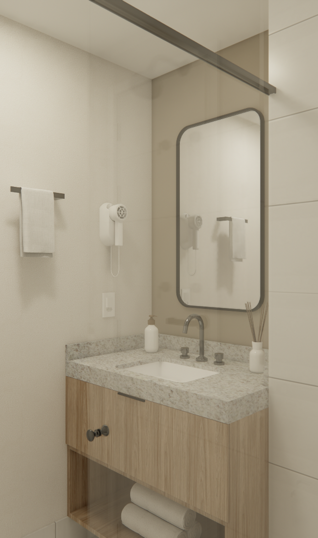 Render 3D de banheiro compacto no Aria Higienópolis com marcenaria em madeira, bancada em granilite e tons neutros