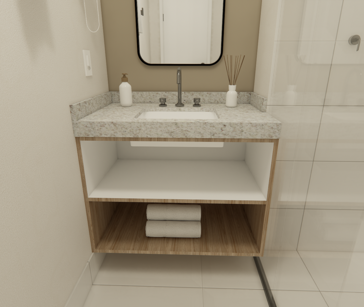 Render 3D de banheiro compacto no Aria Higienópolis com bancada em pedra, marcenaria em madeira e box de vidro transparente