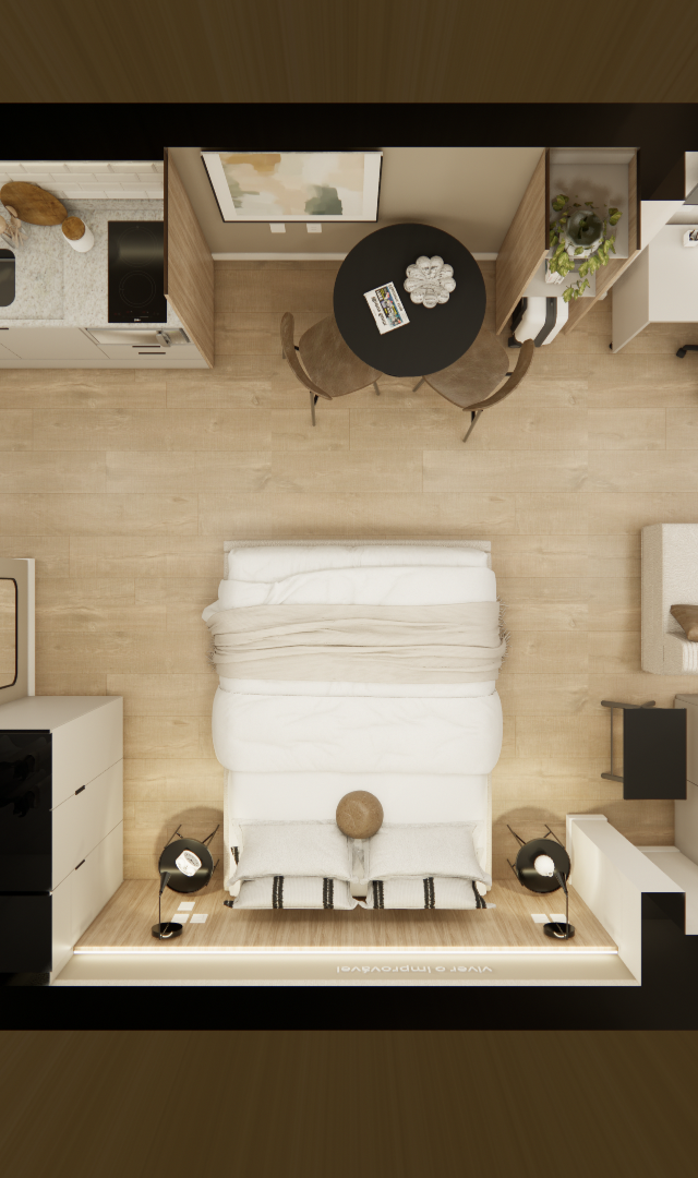 Planta baixa 3D de studio de 31m² com cozinha, quarto, home office e banheiro, tons neutros, madeira clara e mobiliário moderno