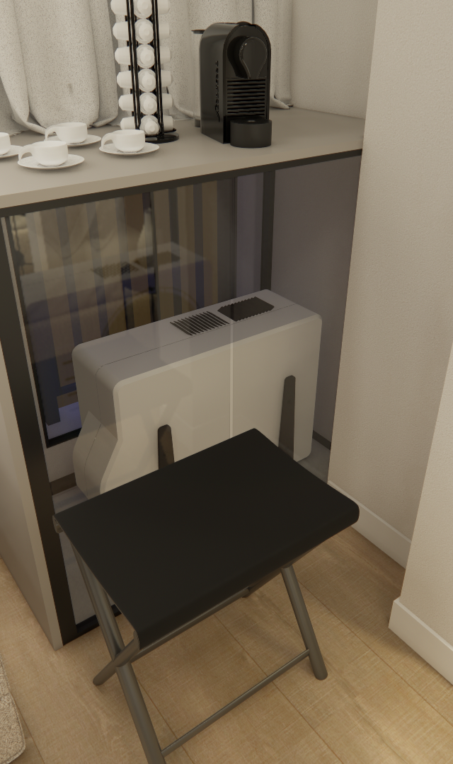 Render 3D de canto de café com armário cinza, cafeteira, banqueta preta e painel amadeirado em apartamento de Higienópolis