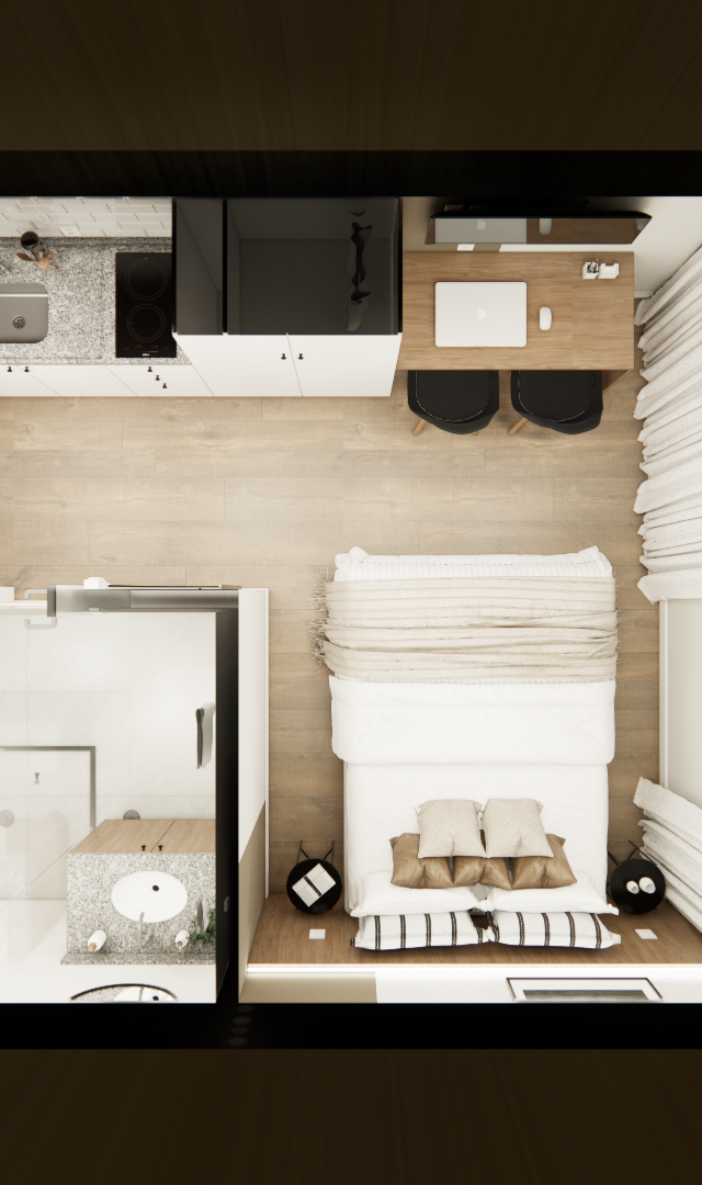 Planta baixa 3D de studio de 20 m² com cozinha linear, mesa de trabalho, cama de casal e banheiro em tons claros e madeira