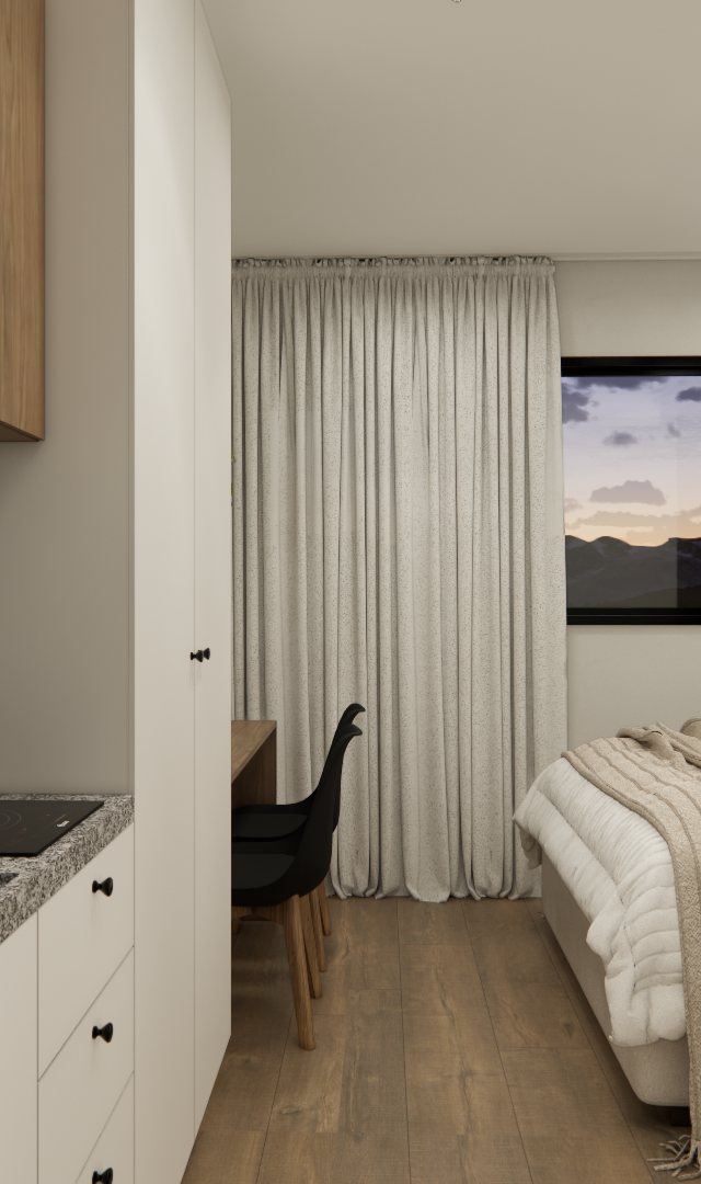 Render 3D de estúdio de 20m² com cozinha de granito, armários amadeirados, quarto integrado, cortinas e espelho oval preto