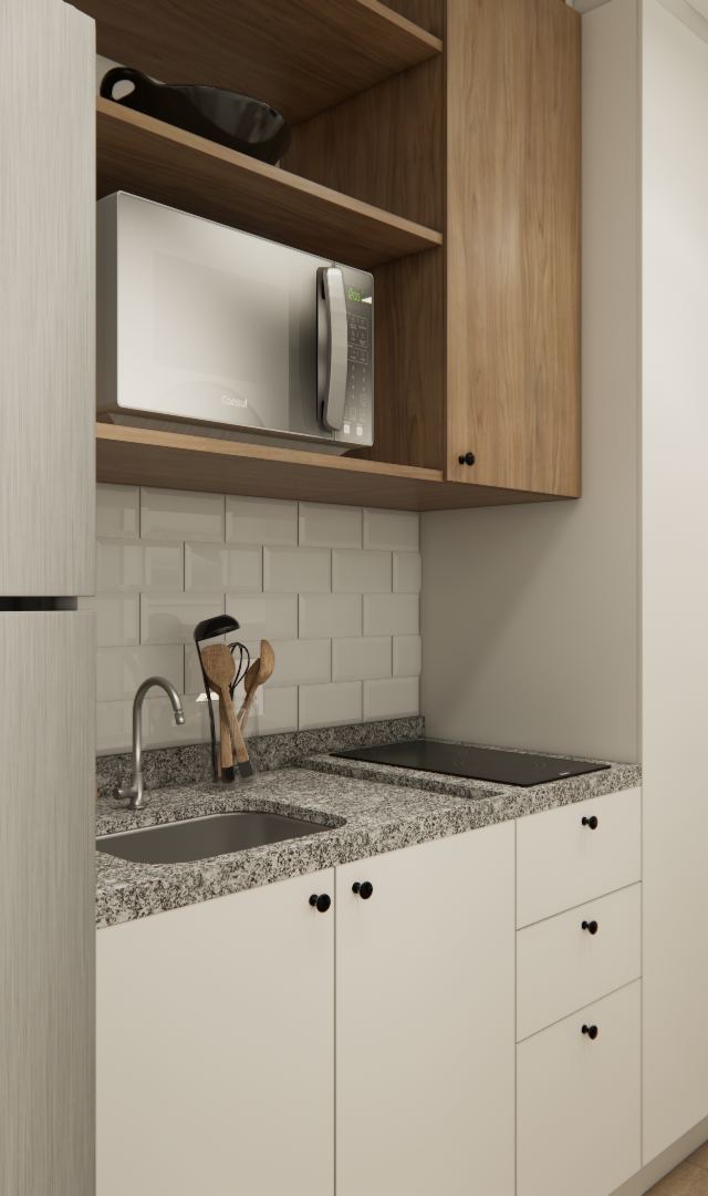 Render 3D de cozinha compacta na Vila Romana com marcenaria branca e amadeirada, bancada em granito e eletrodomésticos