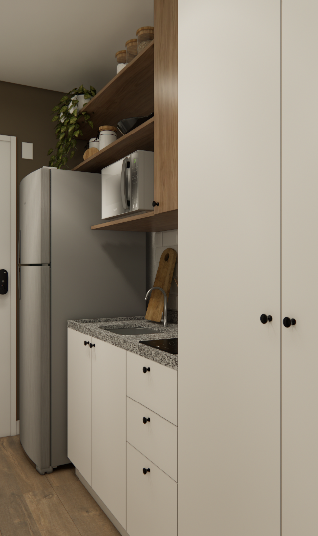 Render 3D de cozinha compacta com marcenaria branca e amadeirada, geladeira inox, bancada em granito e piso amadeirado