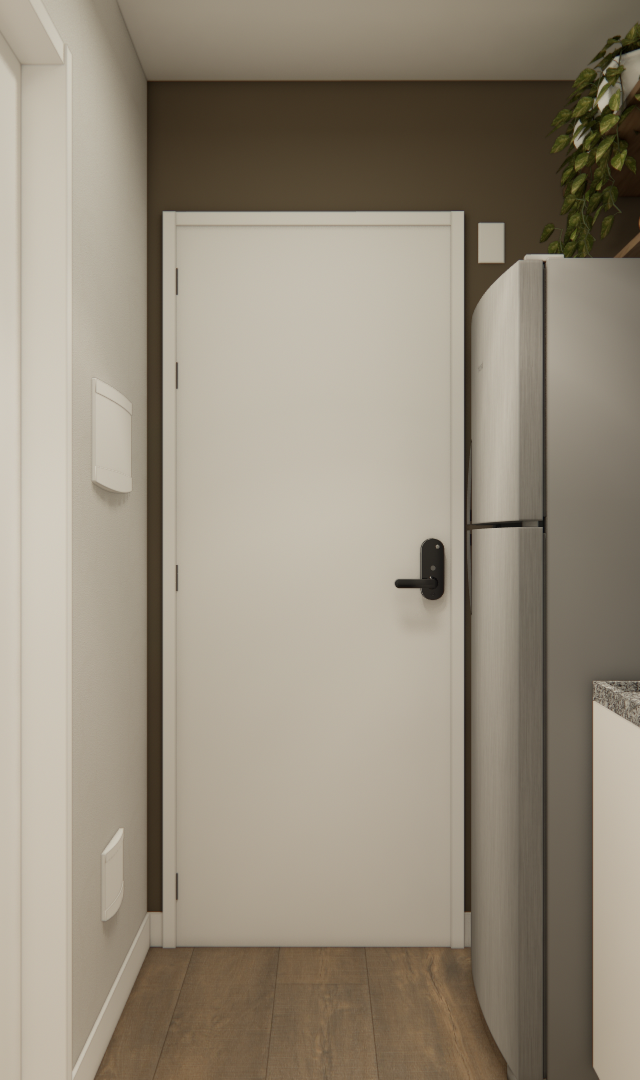 Render 3D de cozinha compacta em Vila Romana com marcenaria branca e amadeirada, bancada em granito e piso amadeirado