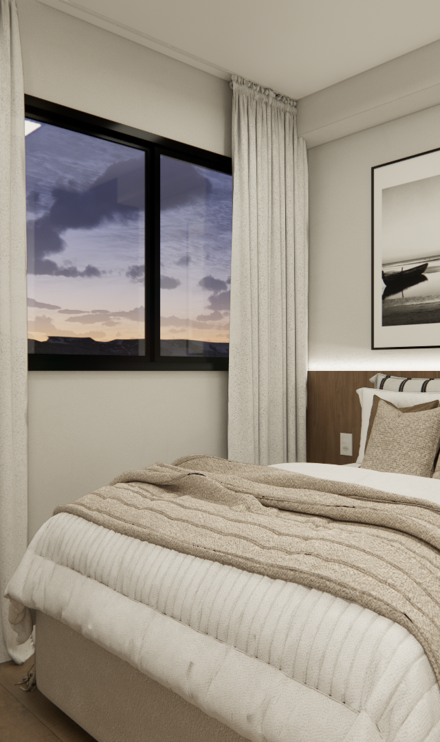 Render 3D de quarto pequeno com tons beges, cabeceira de madeira, iluminação indireta, cortinas claras e vista externa
