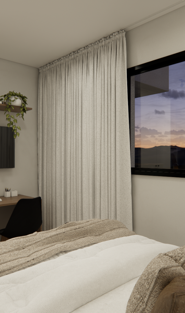 Render 3D de quarto pequeno com cama, mesa de trabalho com cadeiras pretas, armário branco e cortinas em tons neutros
