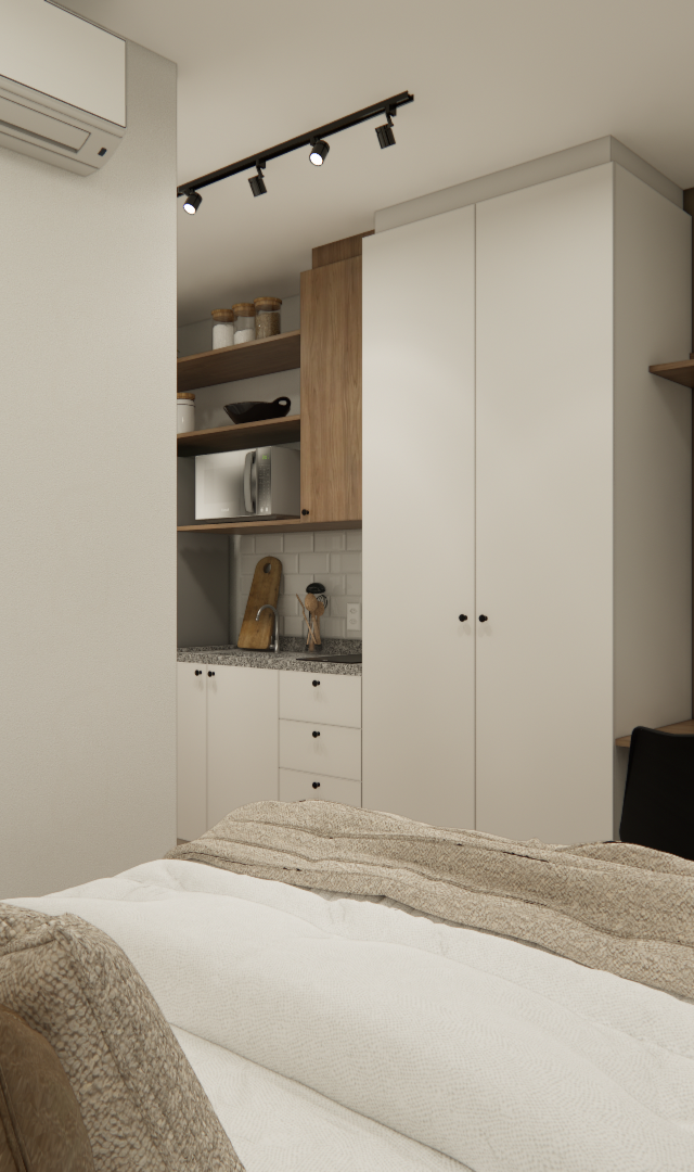 Render 3D de estúdio de 20m² com tons neutros, marcenaria em branco e madeira, bancada de trabalho e cozinha compacta