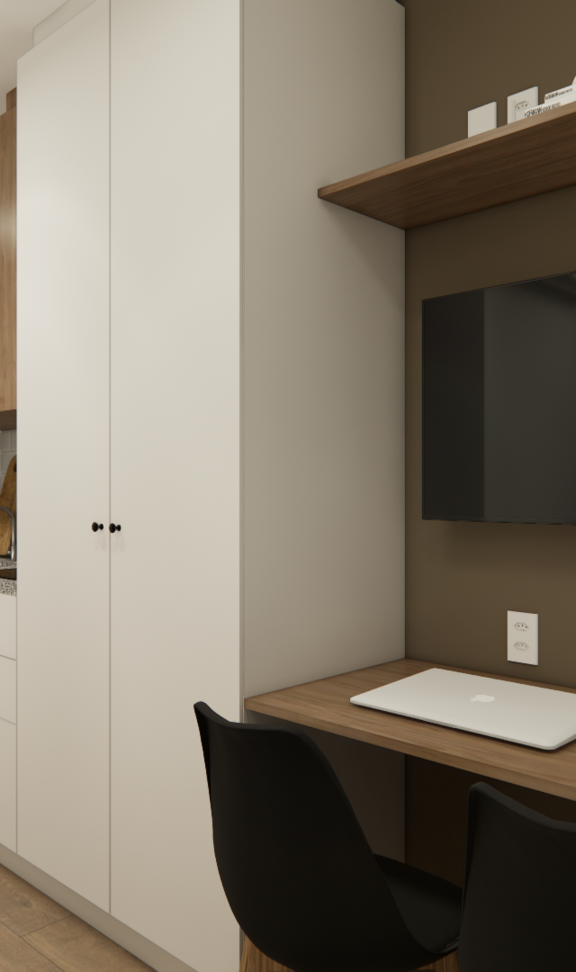 Render 3D de estúdio compacto em tons de marrom e branco, com cozinha linear, marcenaria planejada, bancada e TV na parede
