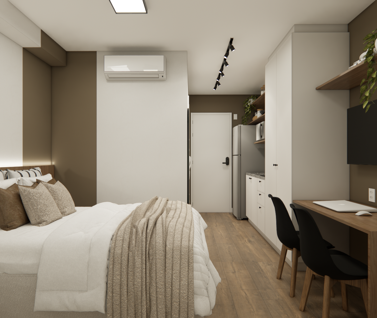 Render 3D de estúdio de 20m² na Vila Romana com tons de bege e marrom, cama, marcenaria planejada, bancada e iluminação em spot