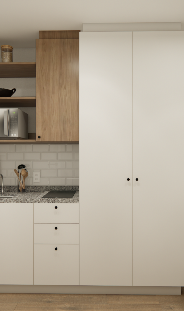 Render 3D de estúdio com cozinha compacta, marcenaria em tons de branco e madeira, bancada de granito e mesa de jantar