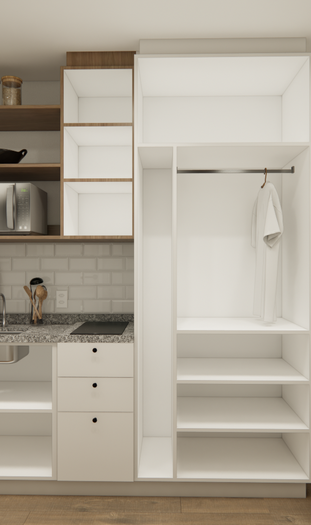 Render 3D de estúdio de 20m² com marcenaria branca e amadeirada, cozinha integrada, guarda-roupa, bancada e cadeiras pretas