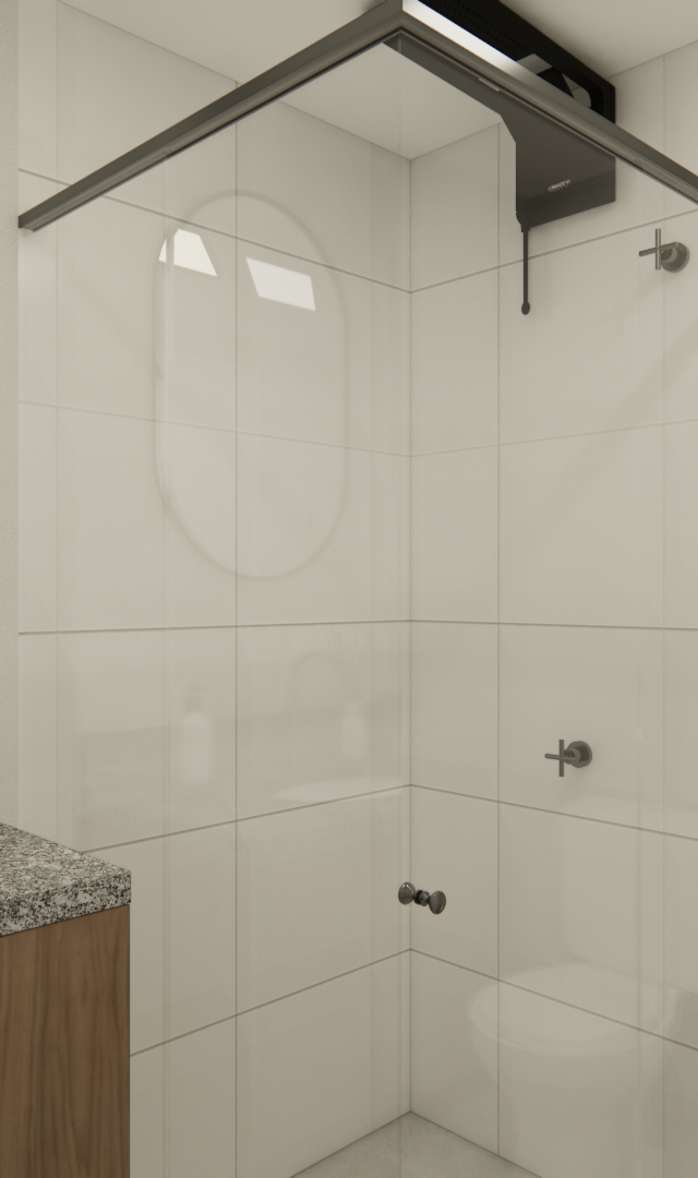 Render 3D de banheiro compacto com gabinete em madeira, bancada em granito, espelho oval e box de vidro em tons neutros