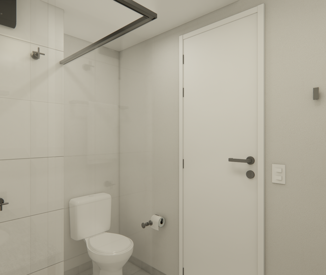 Render 3D de banheiro compacto com paredes brancas, vaso sanitário, porta branca e metais pretos, iluminação suave
