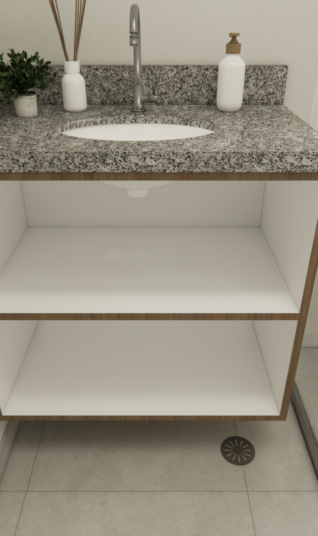 Render 3D de banheiro compacto: gabinete de madeira com nichos abertos, bancada de granito cinza e metais cromados
