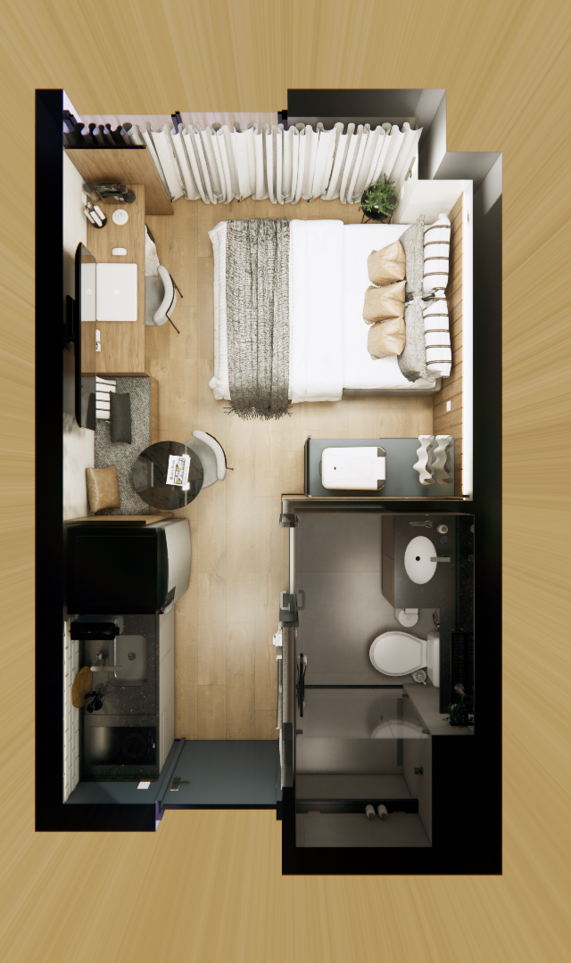 Planta 3D de apartamento compacto com dormitório, cozinha, banheiro e mesa, destacando os móveis e a posição das divisórias.