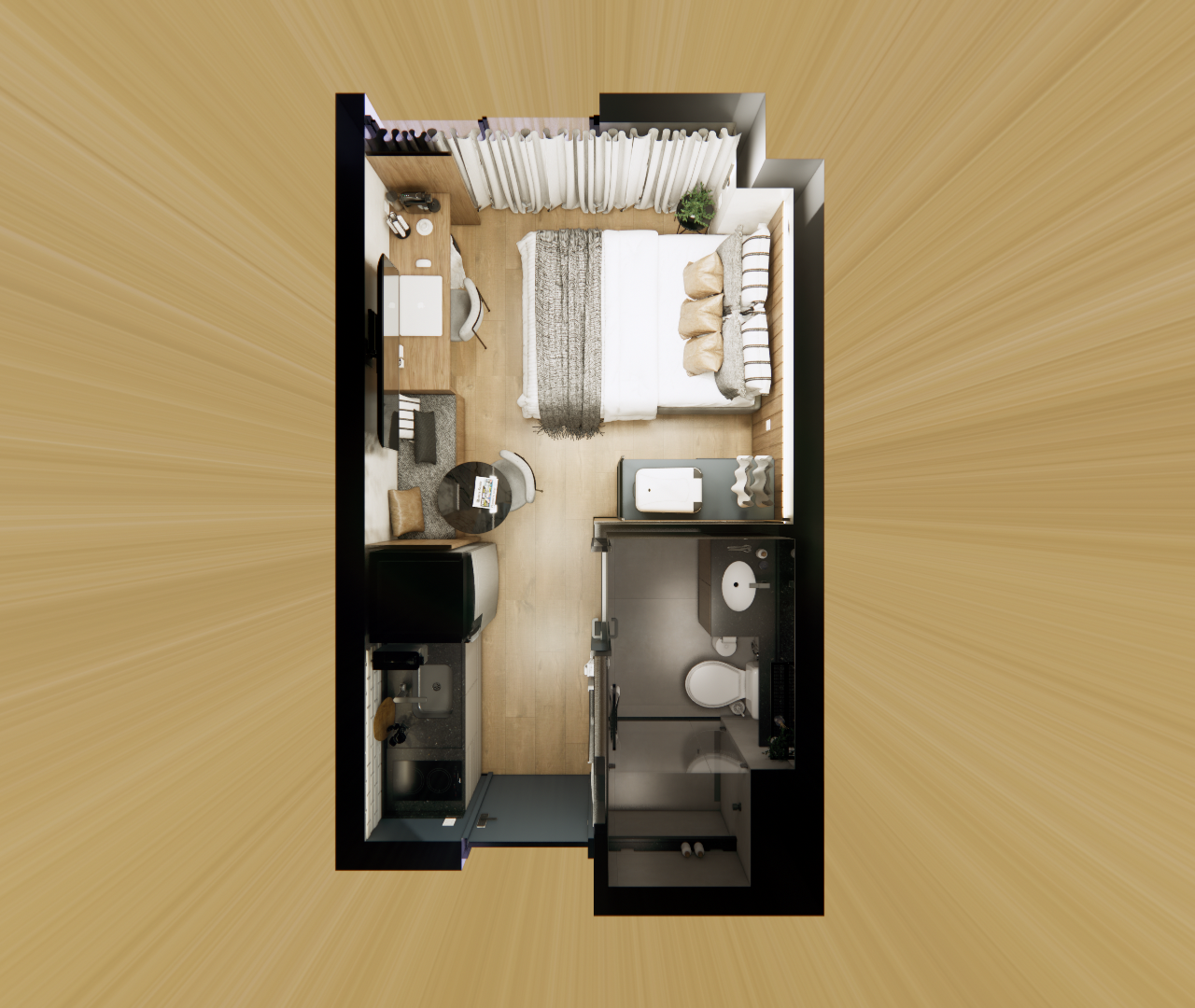 Planta 3D de apartamento compacto com dormitório, cozinha, banheiro e mesa, destacando os móveis e a posição das divisórias.