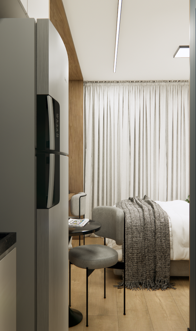 Render 3D de apartamento compacto com cozinha funcional em tons neutros, vista para quarto com marcenaria e iluminação suave
