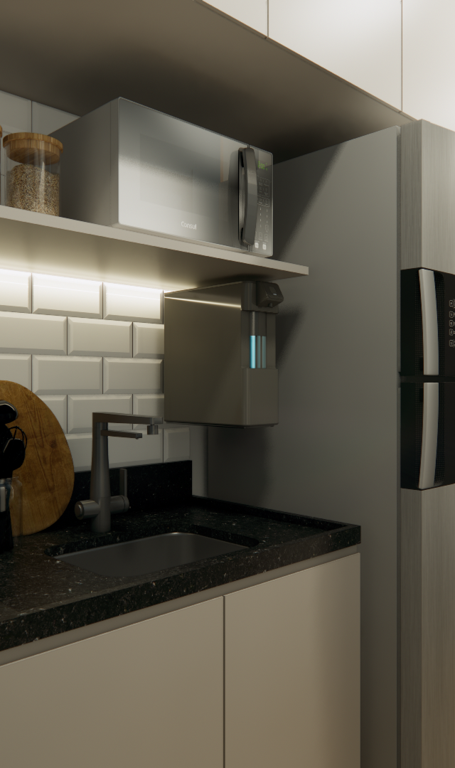 Render 3D de cozinha compacta, marcenaria cinza, bancada preta, revestimento tipo tijolinho branco e iluminação em LED