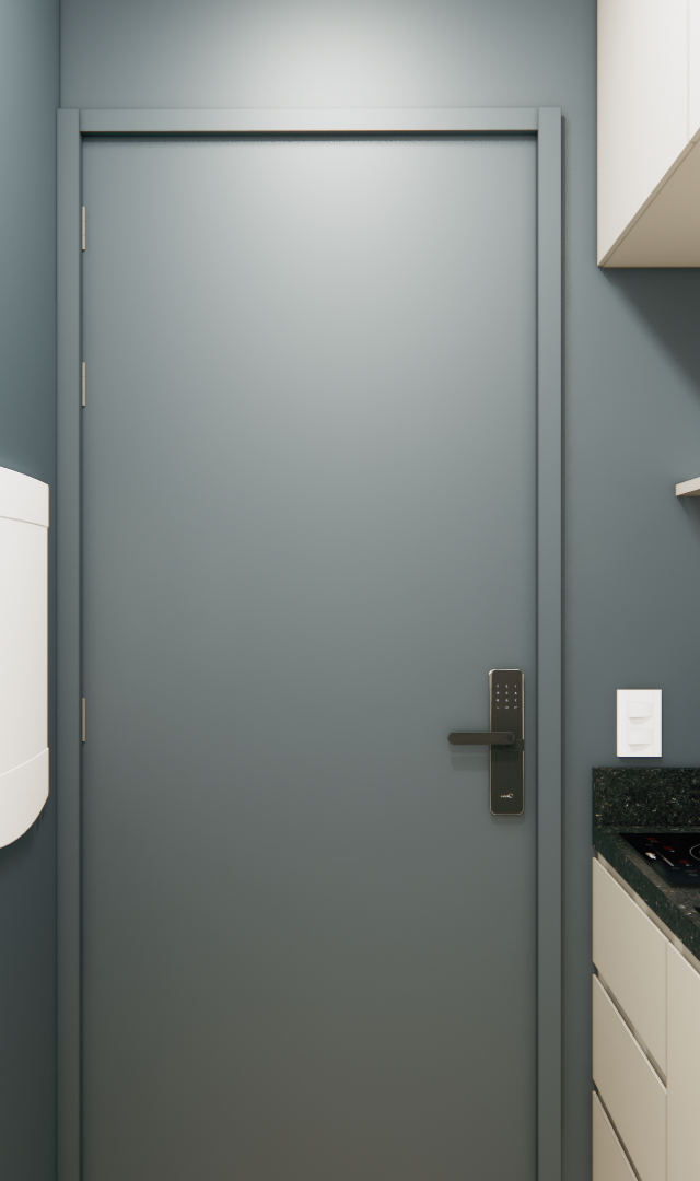 Render 3D de cozinha compacta LM URBANFLEX com marcenaria cinza e off-white, bancada em granito escuro e espelho vertical