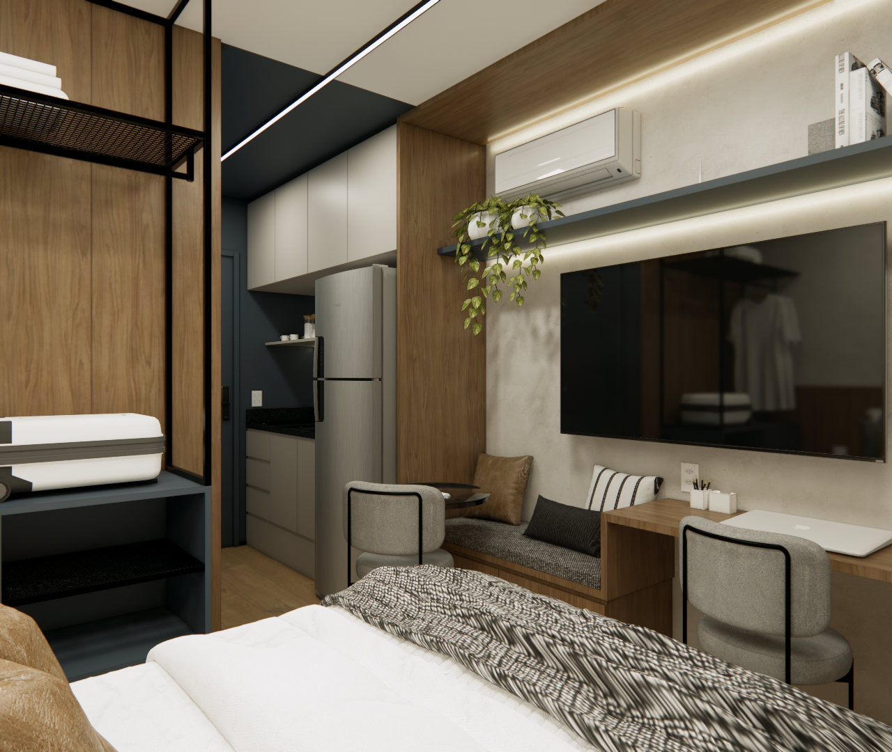 Render 3D de estúdio compacto PI - LM URBANFLEX com marcenaria em madeira e cinza, mesa, TV, ar-condicionado e iluminação LED