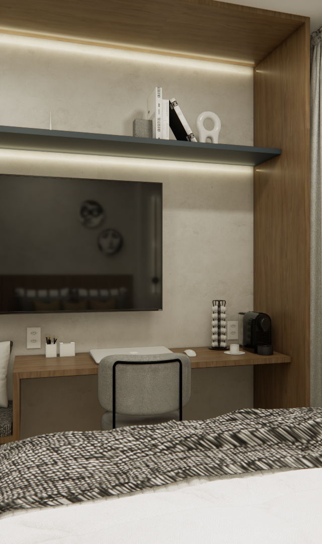 Render 3D de quarto PI - LM URBANFLEX com marcenaria em madeira, TV, bancada, cadeira cinza e iluminação indireta quente