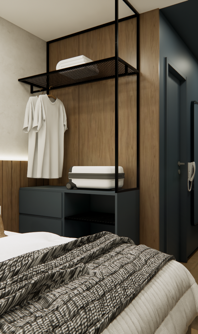 Render 3D de quarto compacto no projeto LM URBANFLEX com marcenaria em madeira e azul, araras pretas e iluminação linear